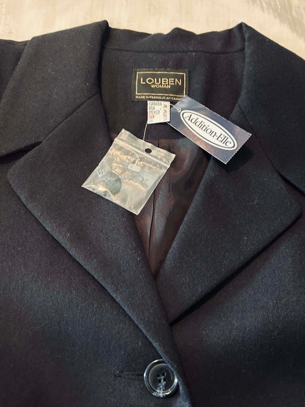 PANTSUIT 3pce LOUBEN PURE WOOL NAVY SIZE 26W, MADE IN CANADA!, JACKET & LINED
